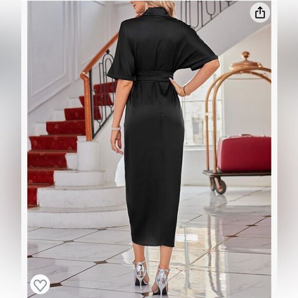 Elegant Elegant Short Sleeve V Neck Satin Button Down Shirt Dress with Belt - Picture 2 of 13
